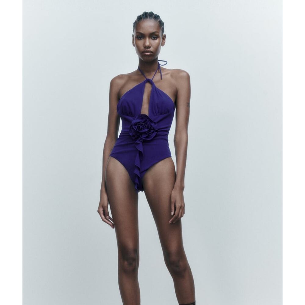 NEW Zara Floral Halter Bodysuit Women's Size Small Blue Halter Neck One Piece